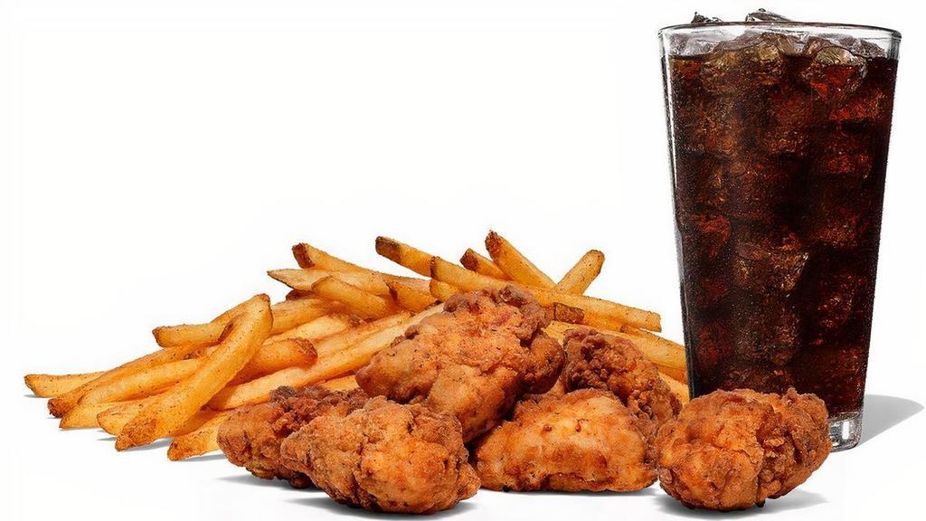 6-Piece Chicken Nugget Combo · Fried Chicken Nuggets, 6-piece, Gluten Free and Flash Fried. Includes seasoned fries (sweet potato fries, tots, side salad are available for an extra charge) and your choice of a 20oz drink.