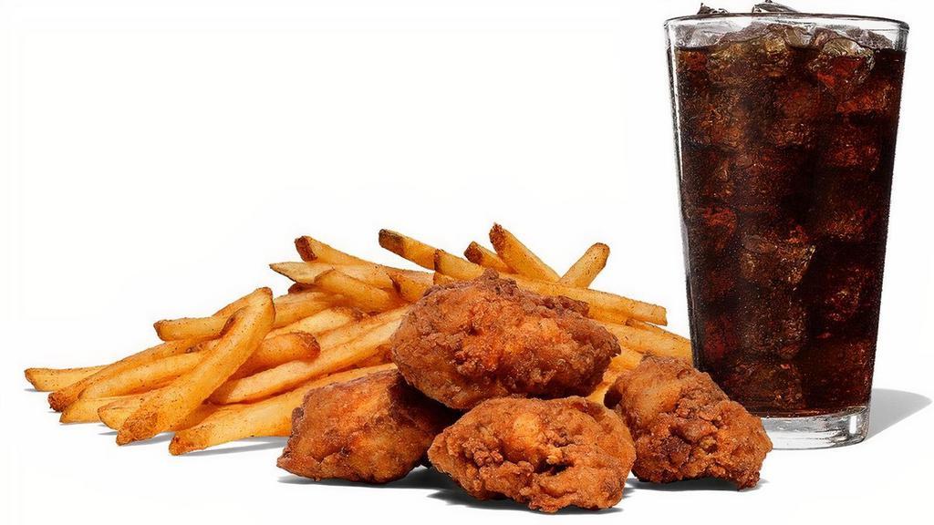 4-Piece Chicken Nugget Combo · Fried Chicken Nuggets, 4-piece, Gluten Free and Flash Fried. Includes seasoned fries (sweet potato fries, tots, side salad are available for an extra charge) and your choice of a 20oz drink.