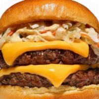 Signature Burger · Double served with American Cheese, Happy Sauce and Spicy Sauerkraut!