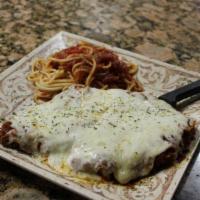 Chicken Parmesan · Lightly breaded chicken breast topped with fresh marinara and mozzarella cheese served with ...