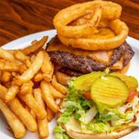 Man Burger · We take two of our half pound patty's  with onion rings on top for this one pound belly bust...
