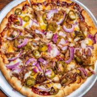 Texas Style · Brisket, Mozzarella, Chedder, Red Onions, Jalapenos and BBQ Sauce.
