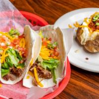 Tacos · Three Brisket or Shrimp Tacos Served with Lettuce, Pico, and Sour Cream and Fries.