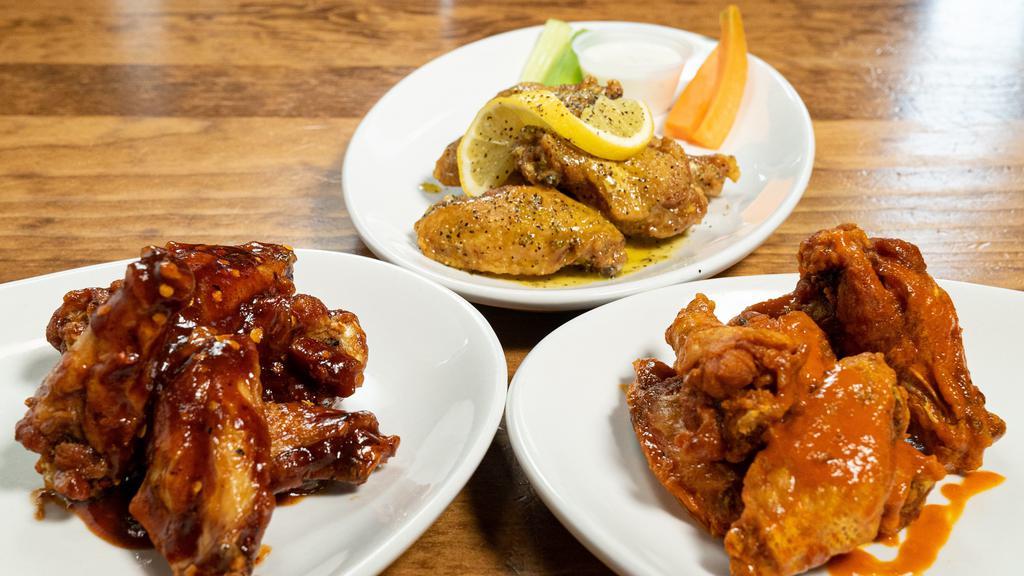 Wings (6) · Served with ranch, celery and carrots. Hot or Mild Buffalo, Lemon Pepper, Garlic Parm or Hot Honey BBQ sauce.