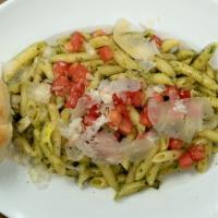 Pesto Penne · Grilled Chicken, Roma Tomatoes & Pesto Sauce *(pesto sauce contains nuts)