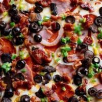 Supreme · Pepperoni, ham, green peppers, onions, mushrooms, bacon and olives.