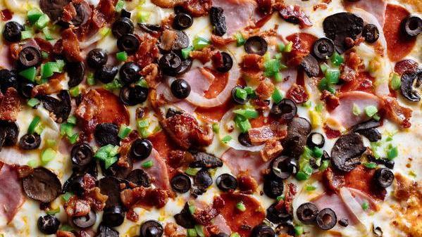 Supreme · Pepperoni, ham, green peppers, onions, mushrooms, bacon and olives.