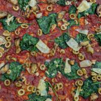 Vegan Pizza · No Cheese, Marinara, Grilled Eggplant, Spinach, Artichokes, Green Olives, Fresh Garlic & Ore...