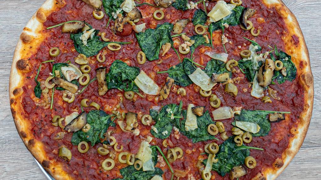 Vegan Pizza · No Cheese, Marinara, Grilled Eggplant, Spinach, Artichokes, Green Olives, Fresh Garlic & Oregano