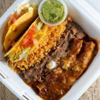 Panchito Platter · 2 Enchiladas, 2 Tacos, Guacamole, Rice, Beans, Sopaipillas.
