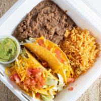 Taco Platter · 3 Tacos, (crispy tacos, ground beef, lettuce, and cheese ) Guacamole, Rice, Beans, Sopaipill...