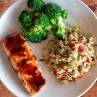 Balsamic-Glazed Salmon · Balsamic-glazed salmon fillet with oven-roasted vegetables & rice Provençal.