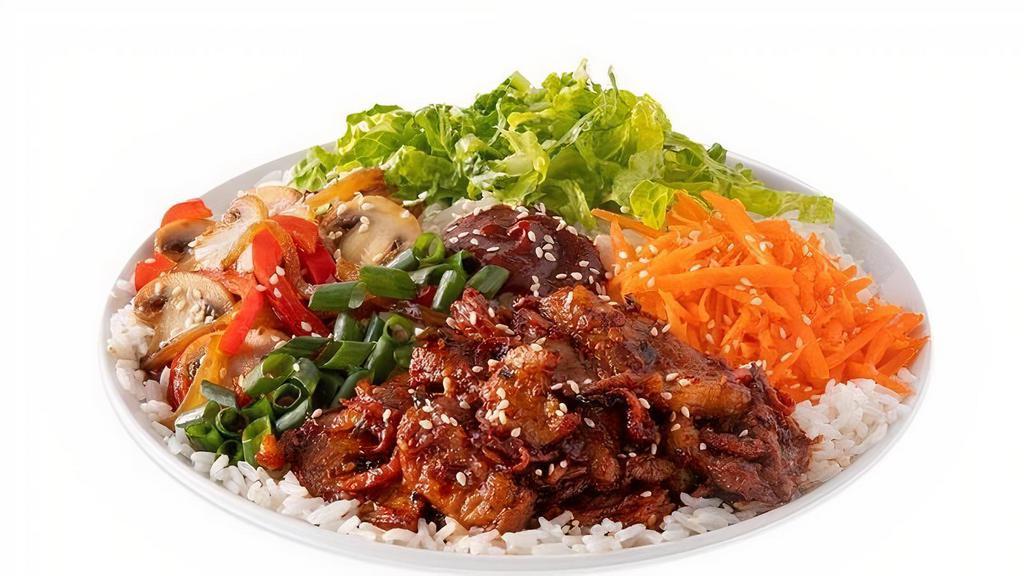 Rice Bowl · White rice topped with vegetables, choice of marinated or fried Soy Garlic or Spicy chicken, spicy pork or marinated ribeye, bibimbap sauce & sprinkled with sesame seeds. 950-960 cal.
