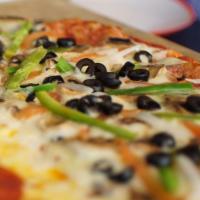 Supreme Pizza
 · Pepperoni, sausage, hamburger, Canadian bacon, mushrooms, black olives, bell peppers, onions.