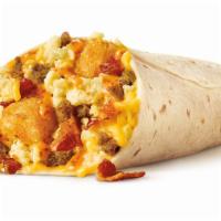 Burrito-Ultimate Meat & Cheese · Bacon, Zesty Cheese Sauce, Eggs, Sausage, Shredded Cheddar Cheese, Tots