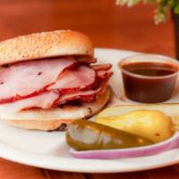 Ham Sandwich Basket · Slices of smoked ham on a toasted sesame seed bun  with your choice of either a french fry b...