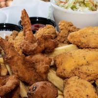 Fry Me To The Moon · A fishermen’s feast! Five large fried shrimp, full serving of our southern fried catfish, th...