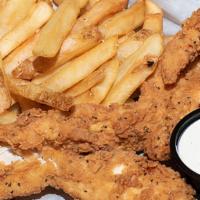 Kid Chicken Fingers · Three chicken strips, crispy-fried or grilled, served with choice of side item, and ramekin ...