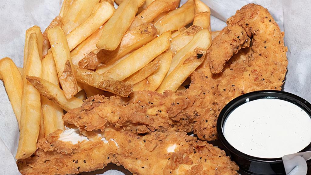 Kid Chicken Fingers · Three chicken strips, crispy-fried or grilled, served with choice of side item, and ramekin of buttermilk ranch dressing.