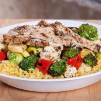 Grilled Vegetable Bowl With Chicken · Seasonal vegetables with rice and char-grilled chicken breast.