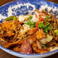 Yakisoba Chicken · Includes: Chicken, Cabbage, Onions, Bell Peppers, Carrots, Sesame Seeds, Scallions, and Beni...