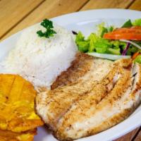 Grilled Tilapia Fillet · Grilled fish filet, served with rice, salad, and fried plantain.