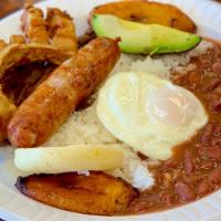 Bandeja Paisa (Small) · Typical Colombian plate served with beef steak, rice, beans, fried sweet plantains, deeply f...