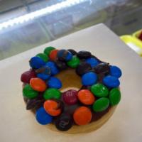 M&Ms · Chocolate dipped Donut with M&Ms on top