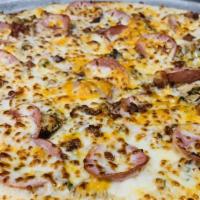 Small The Ralphie'S · Alfredo ranch sauce, Canadian bacon, roasted chicken, bacon, cheddar, and mozzarella cheese.