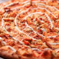 Frank'S Buffalo Chicken · Frankʹs red hot, roasted chicken, red onions, bacon, cheddar and mozzarella cheese, drizzled...