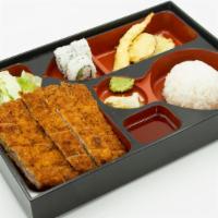 Tonkatsu Bento · Japanese pork cutlet with homemade dipping sauce.