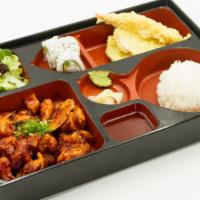 Karaage Bento · Spicy soy ginger fried chicken.