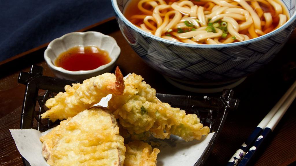 Tempura Udon  · Hot noodle soup with assorted tempura on the side.