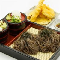 Tempura Soba · Chilled buckwheat noodle with dipping sauce and assorted tempura on the side.
