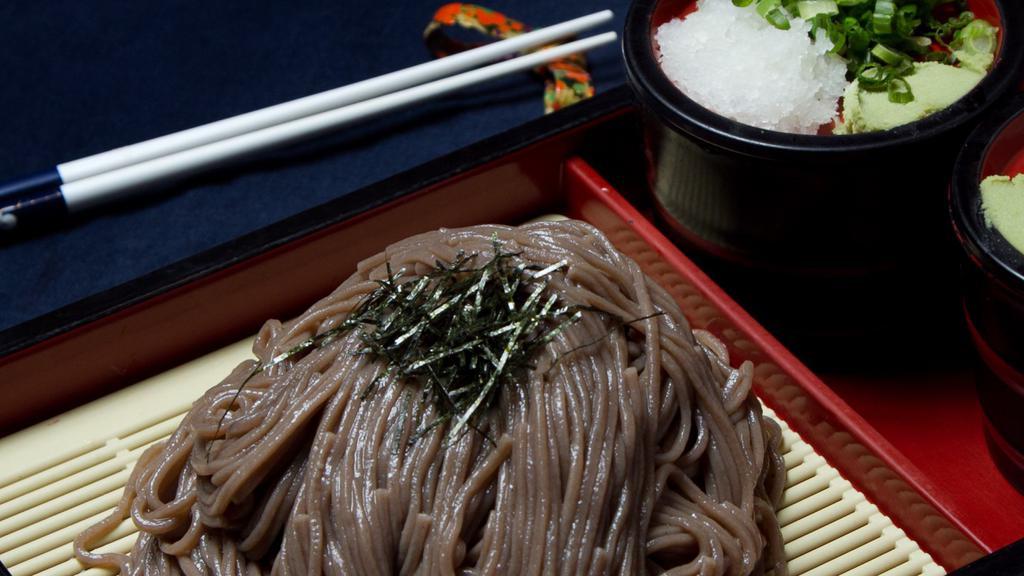 Zaru Soba · Chilled buckwheat noodle with dipping sauce.
