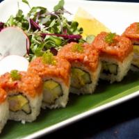 Firecracker Roll · Spicy tuna on top/ shrimp tempura, avocado and cucumber inside.