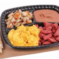 Bill Miller Breakfast · Scrambled eggs, meat of choice, hash browns, beans, and two tortillas.