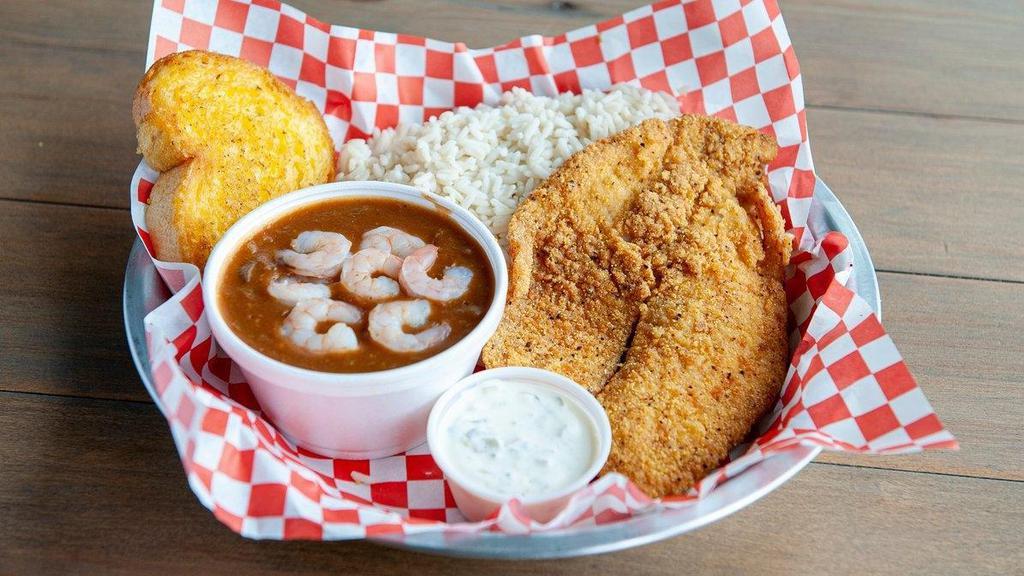 1 Fish & Etouffee · Your choice of (Fried or Blackened) fish- served with our famous étouffée on the side for the rice to be smothered to your liking