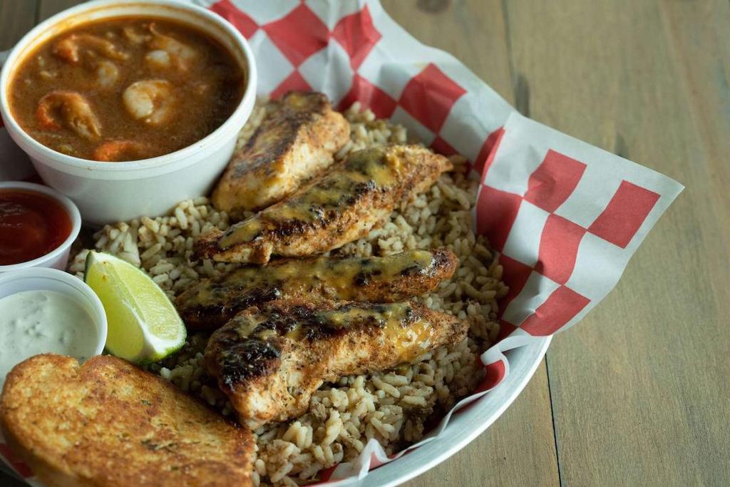 3 Tender & Etouffee · 3 (Fried or Blackened) tenders served with our famous crawfish or shrimp étouffée on the side of white or dirty rice