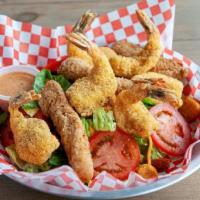 Chicken And Shrimp Salad · 3 Chicken Tenders & 3 Shrimps on a bed of romaine lettuce. Topped with cheddar cheese, tomat...