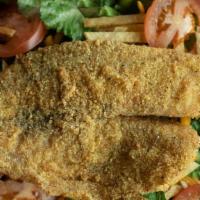 Fish* Salad · 1  piece of fried fish on a bed of romaine lettuce. Topped with cheddar cheese, tomato, and ...