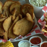 Family Meal Deal #1(3F/4T/6S) · 4 fried chicken tenders + 3 fried catfish or tilapia, and 6 fried shrimp. Served with 3 larg...