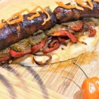 Hot Italian Brat (Pork)     🌶🌶🌶 · Tomato wrap with spicy grilled pepper/onion blend, spicy brown mustard, Handcrafted Flaming ...