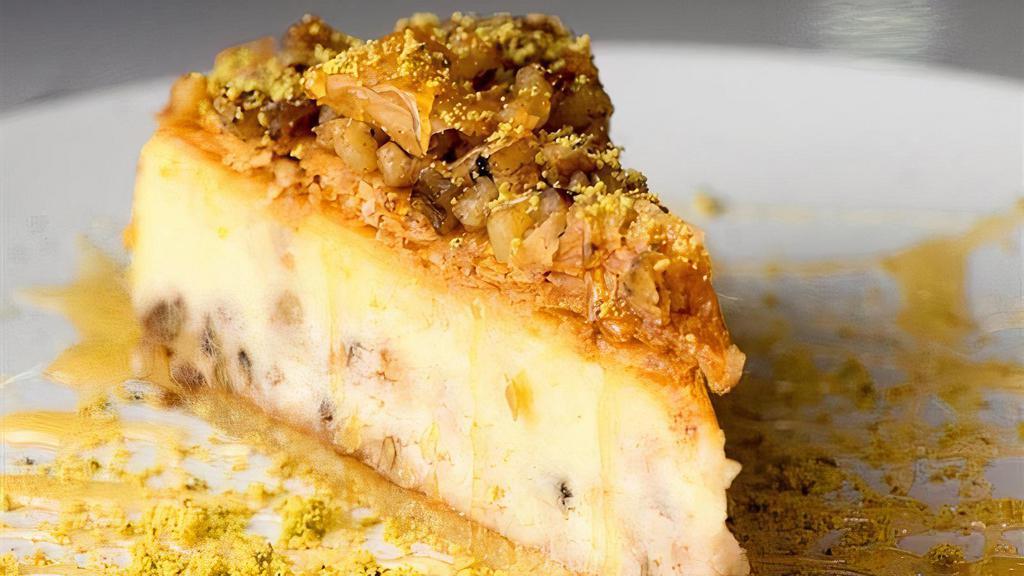 Baklava Cheesecake · The delicious taste of your favorite baklava in the creamy, decadent form of cheesecake! Allergen: MILK, EGG, TREE NUTS (WALNUTS, ALMOND), SOY, WHEAT *This product is made in a facility that processes tree nuts and utilizes peanut butter