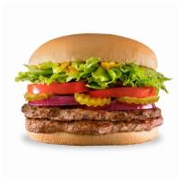 Hungr-Buster® · 1/4 lb. grilled beef patty topped with crispy lettuce, ripe tomatoes, purple onions, tangy p...