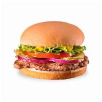 Hungr-Buster Jr. · 1/6 lb. grilled beef patty topped with crisp lettuce, ripe tomatoes, purple onions, tangy pi...