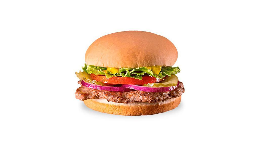 Hungr-Buster Jr.® · 1/6 lb grilled all beef patty topped with crispy lettuce, ripe tomatoes, purple onions, tangy pickles and bold yellow mustard.