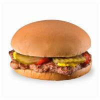 Kids' Hamburger · One beef patty, pickles, ketchup, and mustard. Served with drink, fries and DQ treat.