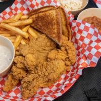 Chicken Fried Chicken Platter · 4 Chicken tenders, French fries, Texas toast, white gravy. Choice of two side veggie or smal...
