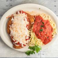 Chicken Parmesan · Lightly breaded chicken breast topped with our Marinara sauce and Mozzarella cheese. Served ...
